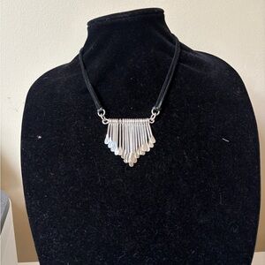 Silver Fringe Teardrop Necklace with Black Cord